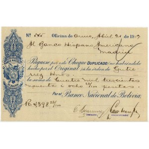 Bolivia Banco Nacional de Bolivia Oruro Cheque for 800.61 pesetas 1917