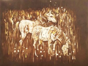 Jolanta Kalopsidiotis, Konie na łące - batik, 2023