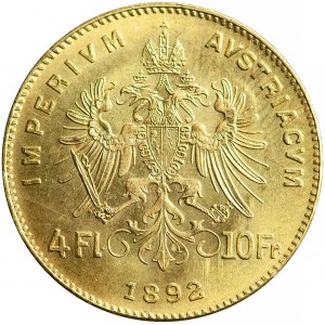 Rakúsko, František Jozef, 4 rakúske zlaté = 10 frankov 1892, NOVÉ MINCOVANIE