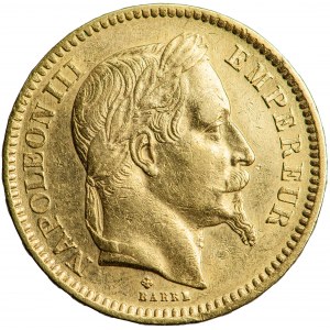 Francie, Napoleon III, 20 franků 1862, typ s vavřínem, muži. Strasbourg