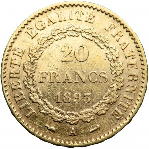 Francie, Třetí republika, 20 franků 1893, muži. Paříž
