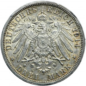 Německo, Prusko, Wilhelm II, 3 značky 1914, muži. Berlín