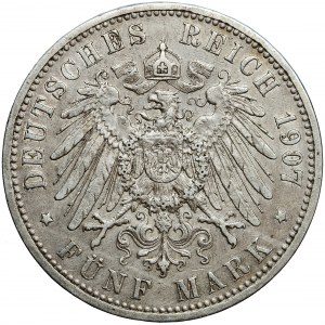 Německo, Prusko, Wilhelm II, 5 značek 1907, muži. Berlín