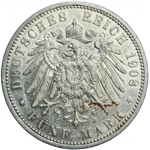 Německo, Prusko, Wilhelm II, 5 značek 1908, muži. Berlín