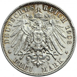 Německo, Sasko, Frederick August III, 3 značky 1908, muži. Muldenhütten
