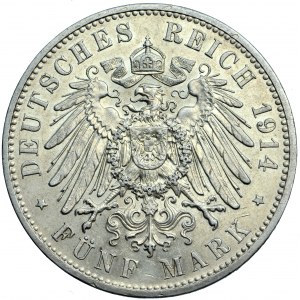 Německo, Sasko, Frederick August III, 5 značek 1914, muži. Muldenhütten