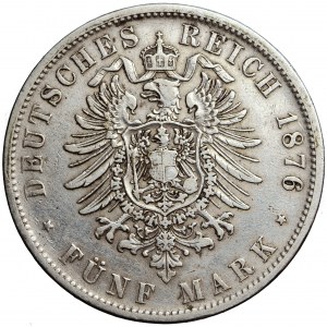 Německo, Württemberg, Charles I, 5 značek 1876, muži. Stuttgart