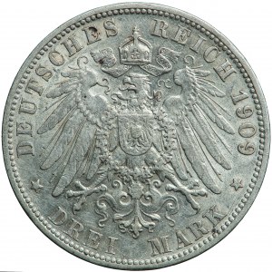 Německo, Württemberg, Wilhelm II, 3 značky 1909, muži. Stuttgart