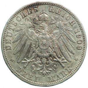 Nemecko, Württemberg, Wilhelm II, 3 známky 1909, muži. Stuttgart