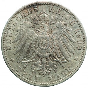 Niemcy, Wirtembergia, Wilhelm II, 3 marki 1909, men. Stuttgart