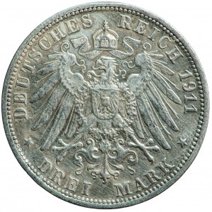 Germania, Württemberg, Guglielmo II, 3 marchi 1911, uomini. Stoccarda