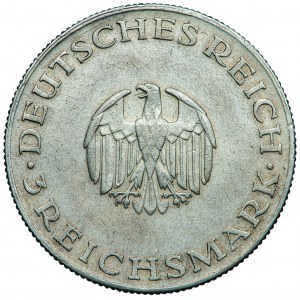 Allemagne, République de Weimar, 3 marques 1929, G. E. Lessing, hommes. Munich, dessiné par R. Bosselt