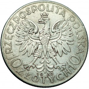 Pologne, Deuxième République, 10 zlotys 1933, type Polonia, m. Varsovie