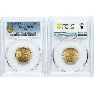 Italy 20 Lire 1873 M BN PCGS MS 63