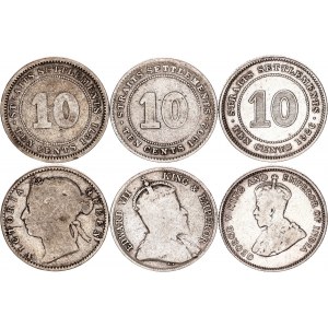 Straits Settlements 3 x 10 Cents 1871 - 1926