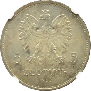 Poľsko, II RP, 5 zlotých 1930, zástava, Varšava, NGC MS61