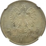 Poľsko, II RP, 5 zlotých 1930, zástava, Varšava, NGC MS61