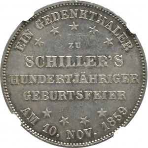 Nemecko, Frankfurt nad Mohanom, tolár 1859, 100. výročie Schillerových narodenín, Frankfurt nad Mohanom, NGC MS63