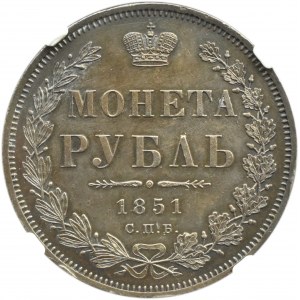 Rosja, Mikołaj I, rubel 1851 СПБ ПА, Petersburg, NGC UNC