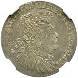 Augustus III Sas, šesťpence 1756 EC, Lipsko, široké poprsie, NGC AU53