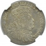 Augustus III Sas, šesťpence 1756 EC, Lipsko, široké poprsie, NGC AU53