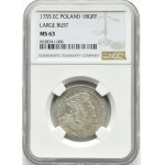 August III Sas, ort (18 groszy) 1755 E.C. szerokie popiersie, Lipsk, NGC MS63