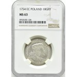 August III Sas, ort (18 groszy) 1754 E.C., Lipsk, duże popiersie, NGC MS63