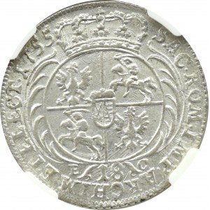 August III Sas, ort (18 groszy) 1755 E.C., Lipsk, NGC MS65, WYŚMIENITY