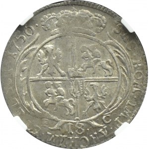 August III Sas, ort (18 grošov) 1756 E.C., Lipsko, otvorená šestka, NGC MS62