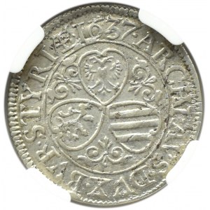 Rakúsko, Ferdinand II, 3 krajcars 1637, Graz, NGC AU