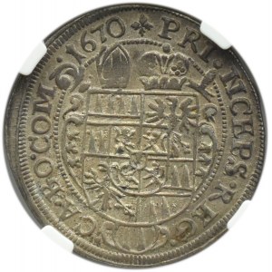 Rakúsko, Karol II. z Lichtenštajnska, 3 krajcary 1670, Olomouc, NGC AU58