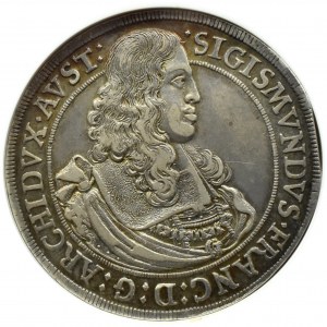 Rakúsko, Tirolsko, Žigmund František Habsburský, thaler 1665, Hall, NGC AU55