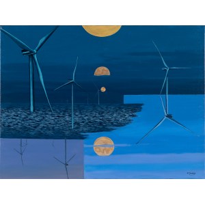 Catherine Lembryk, Moonrise at a wind farm in the North Sea, 2023