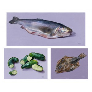 Aleksandra Fronc, Pozdravy od moře (triptych): Pstruh, okurky, platýs, 2020