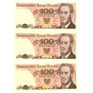 100 złotych 1986 - seria NA - set 3 sztuk