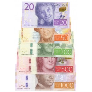 SZWECJA - 20, 50, 200, 500 i 1000 koron 2015 - zestaw 5 sztuk