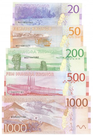 ŠVÉDSKO - 20, 50, 200, 500 a 1000 korun 2015 - sada 5 kusů