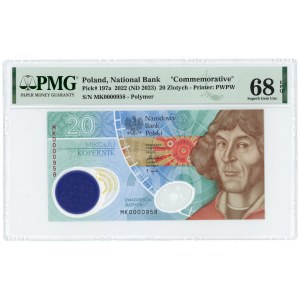 20 zlotých 2022 Mikuláš Koperník - polymerová bankovka - nízké číslování 0000958 - PMG 68 EPQ
