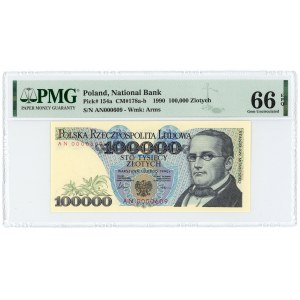 100 000 PLN 1990 - Série AN 0000609 - PMG 66 EPQ