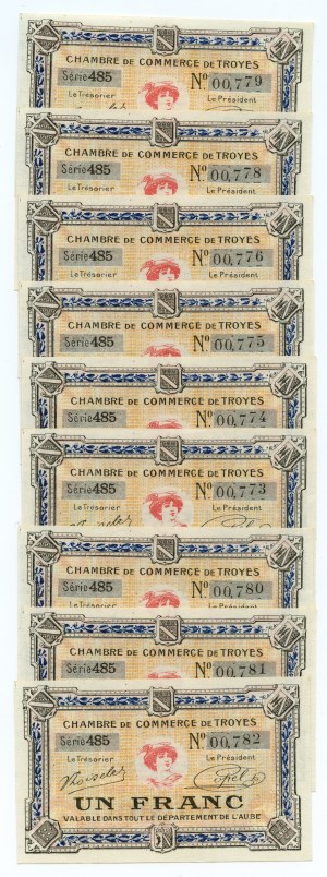 FRANCIE 1 Franc -9 ks SADA (OBCHODNÍ KOMORA V TRÓJI) NEUVEDENO (1918)