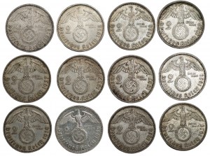 GERMANY, Third Reich - set of 12 x 2 marks (1937-1939) Hindenburg - various mints.