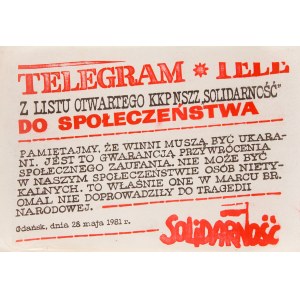 Telegram z listu otwartego KKP NSZZ SOLIDARNOŚĆ do społeczeństwa, Gdańsk, dnia 28 maja 1981 r.