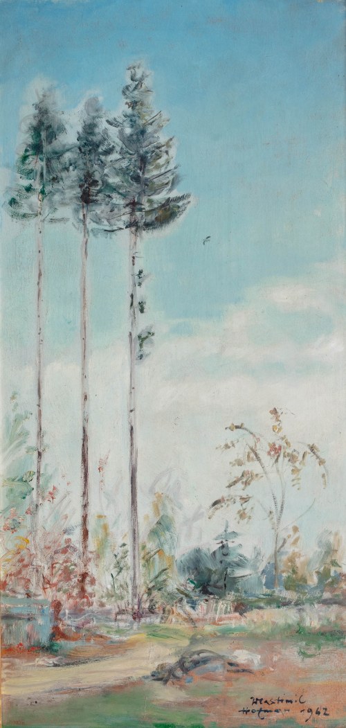 Wlastimil Hofman (1881 Praga - 1970 Szklarska Poręba), Trzy świerki/ Obraz z ptaszkiem, 1962 r.