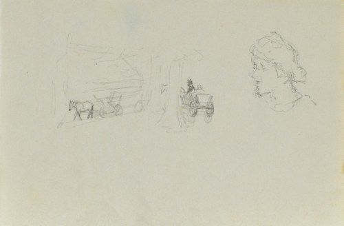 Józef PIENIĄŻEK (1888-1953), Wiejska scena z wozami zaprzężonymi w konie oraz szkic głowy kobiety