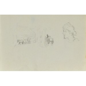 Józef PIENIĄŻEK (1888-1953), Ländliche Szene mit Pferdewagen und Skizze eines Frauenkopfes