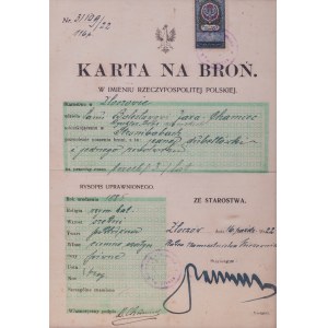 Zloczow Starosty, 1922, Card for hunting weapons and revolver.