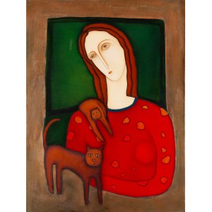 Ewa SKIERSKA (20th-20th century), Girl with cats, 1996