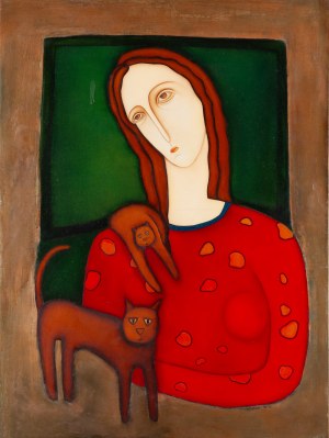 Ewa SKIERSKA (20th-20th century), Girl with cats, 1996