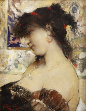 Franciszek Żmurko (1859 Lwów - 1910 Warszawa), Portret kobiety na tle orientalnej tkaniny, lata 80. XIX w.