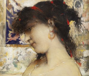 Franciszek Żmurko (1859 Lwów - 1910 Warszawa), Portret kobiety na tle orientalnej tkaniny, lata 80. XIX w.
